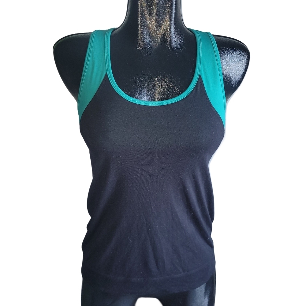 Hyba Black Tank Top with Attached Aqua Colored Shelf Bra Size S